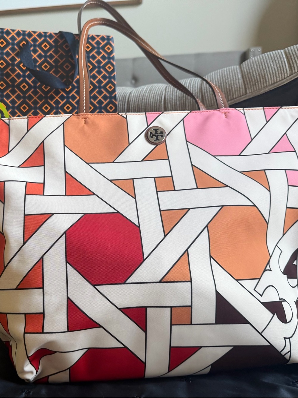 Tory Burch Red, Orange & Pink Woven-Print Tote